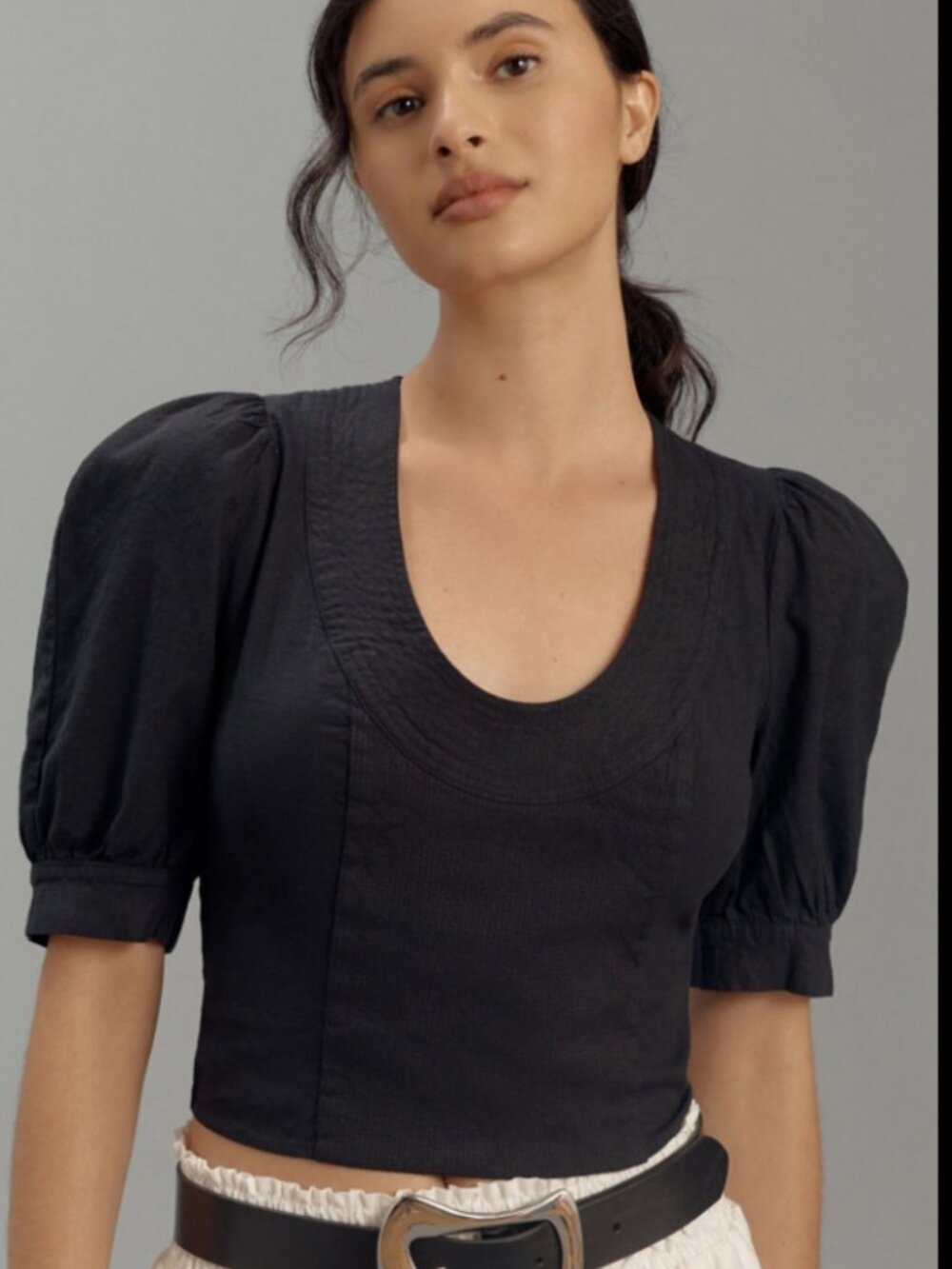 Anthropologie Black Scoop Puff Sleeve Cropped Linen Blend Top- XS